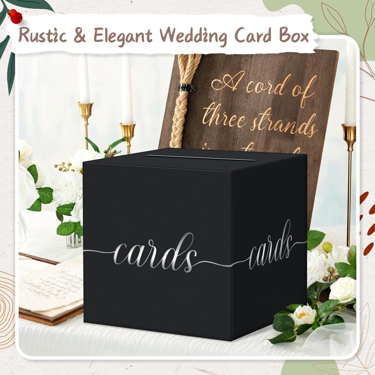 QIKSION Black Wedding Card Box, Silver Foil Gift Card Box for Party, Wedding Reception, Graduation, Birthday, Baby Shower, Raffle