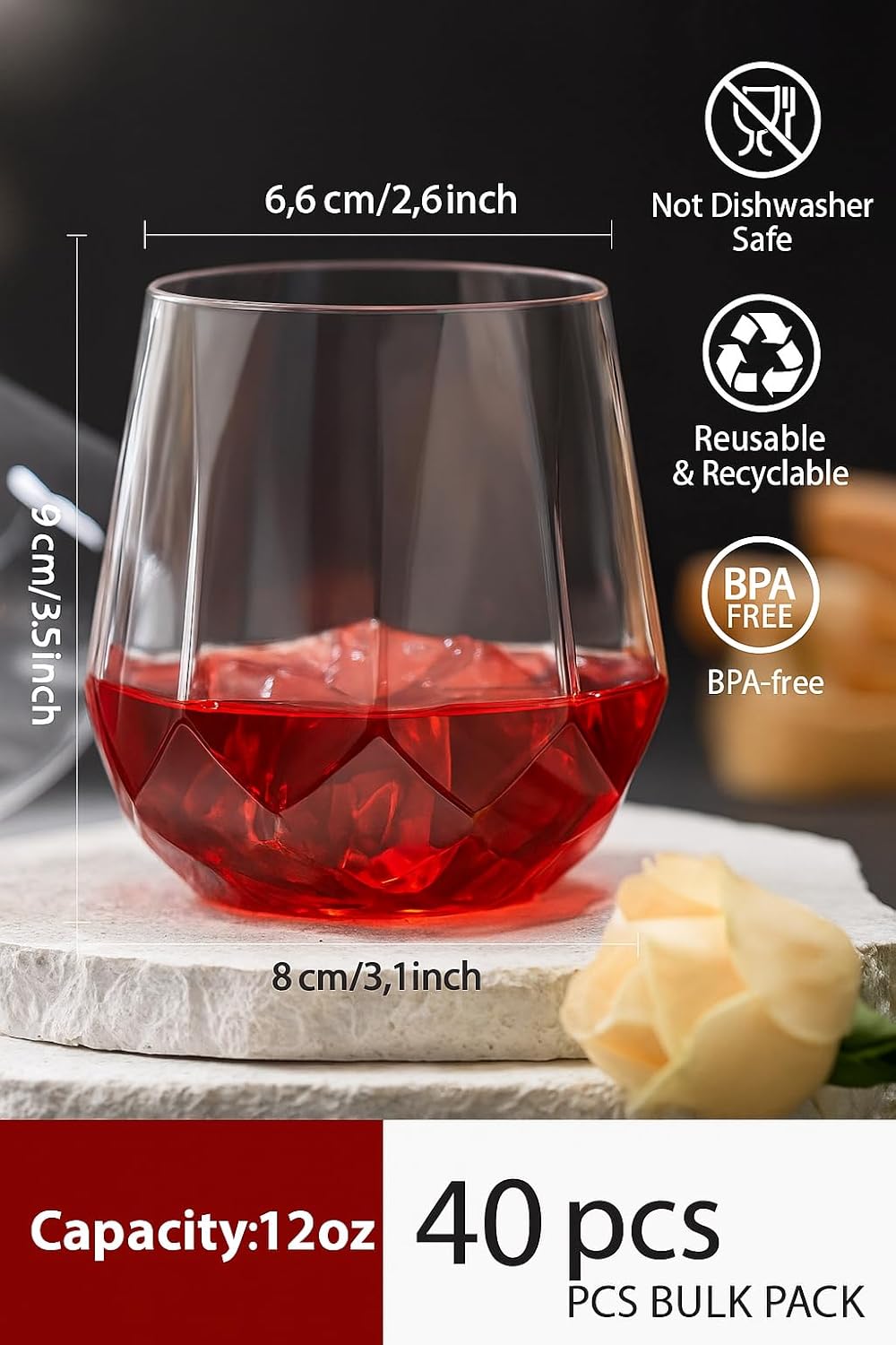 40 count Diamond Unbreakable Stemless Plastic Wine Champagne Whiskey Glasses Elegant Durable Disposable Indoor Outdoor Home office wedding bars 12 Ounce (Classic Old Fashioned Clear)