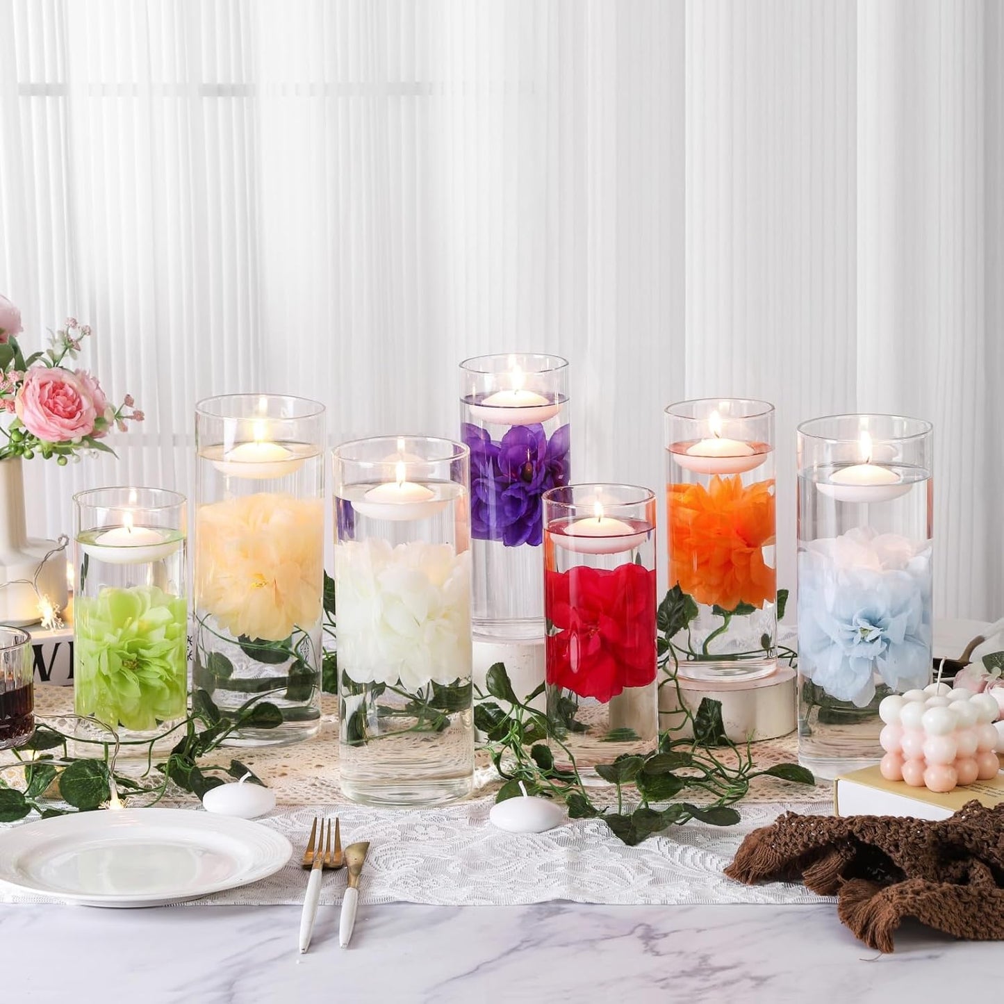 24 Pcs Floating Candles for Centerpieces and Floating Flowers for Centerpieces Champagne Artificial Flowers Vase Fillers for Wedding Table Party Home Decoration