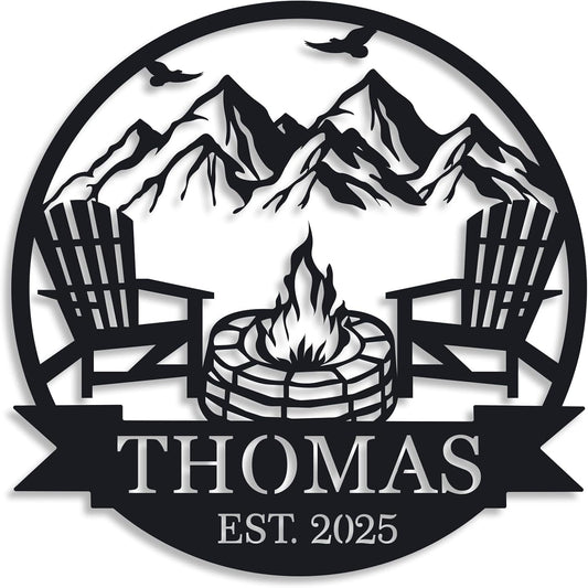 Personalized Campfire Family Name Sign, Monogram Name Camping Sign, Custom Campfire Sign, Campsite Sign, Mountain Campfire Monogram Sign, Campfire Personalized Metal Sign, Last Name Sign