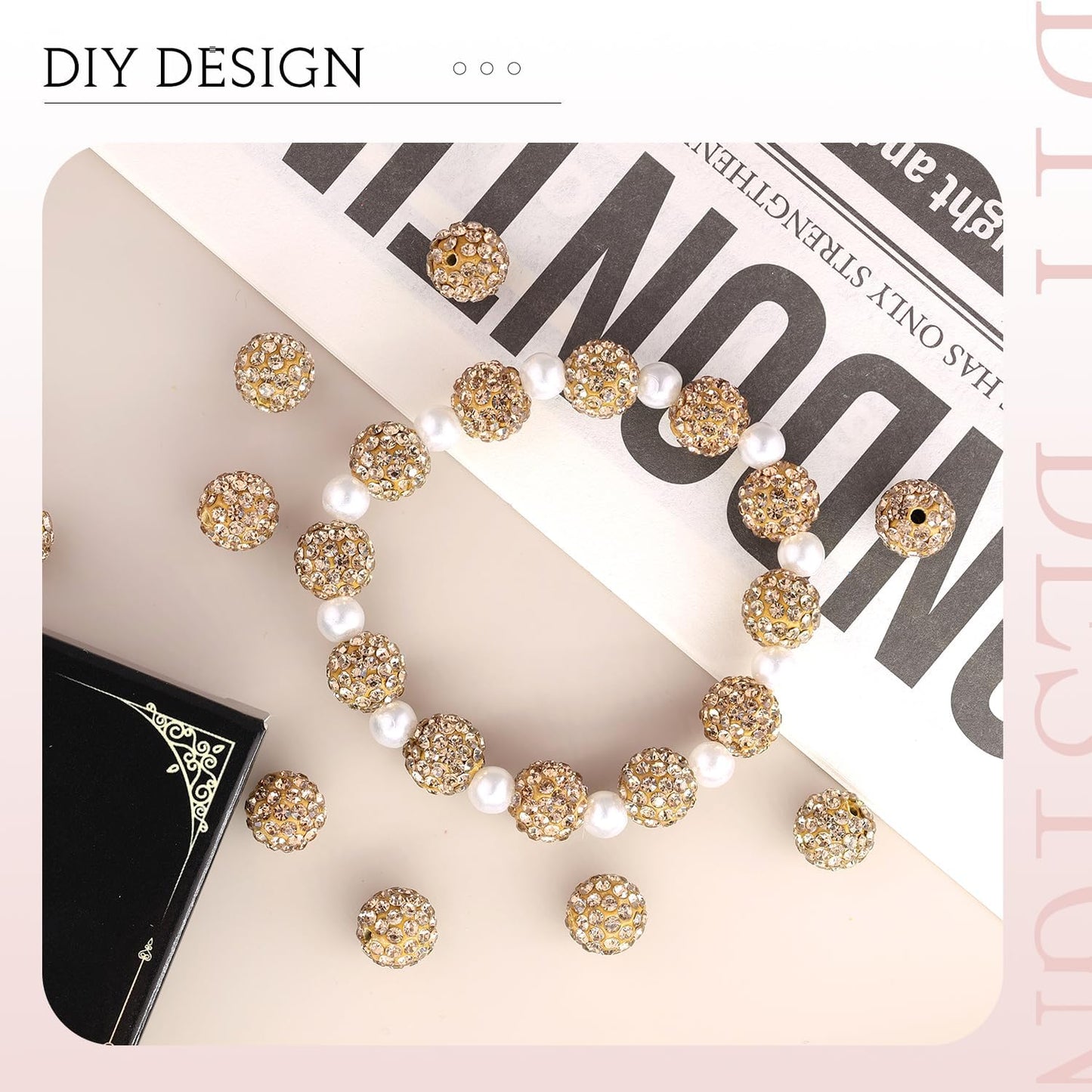 100 pcs 10mm Rhinestone Beads for Jewelry Making, Light Brown Shiny Round Shamballa Disco Beads Bulk, Sparkle Crystal Clay Christmas for Bracelet Baseball Necklace Earring Crafting and DIY