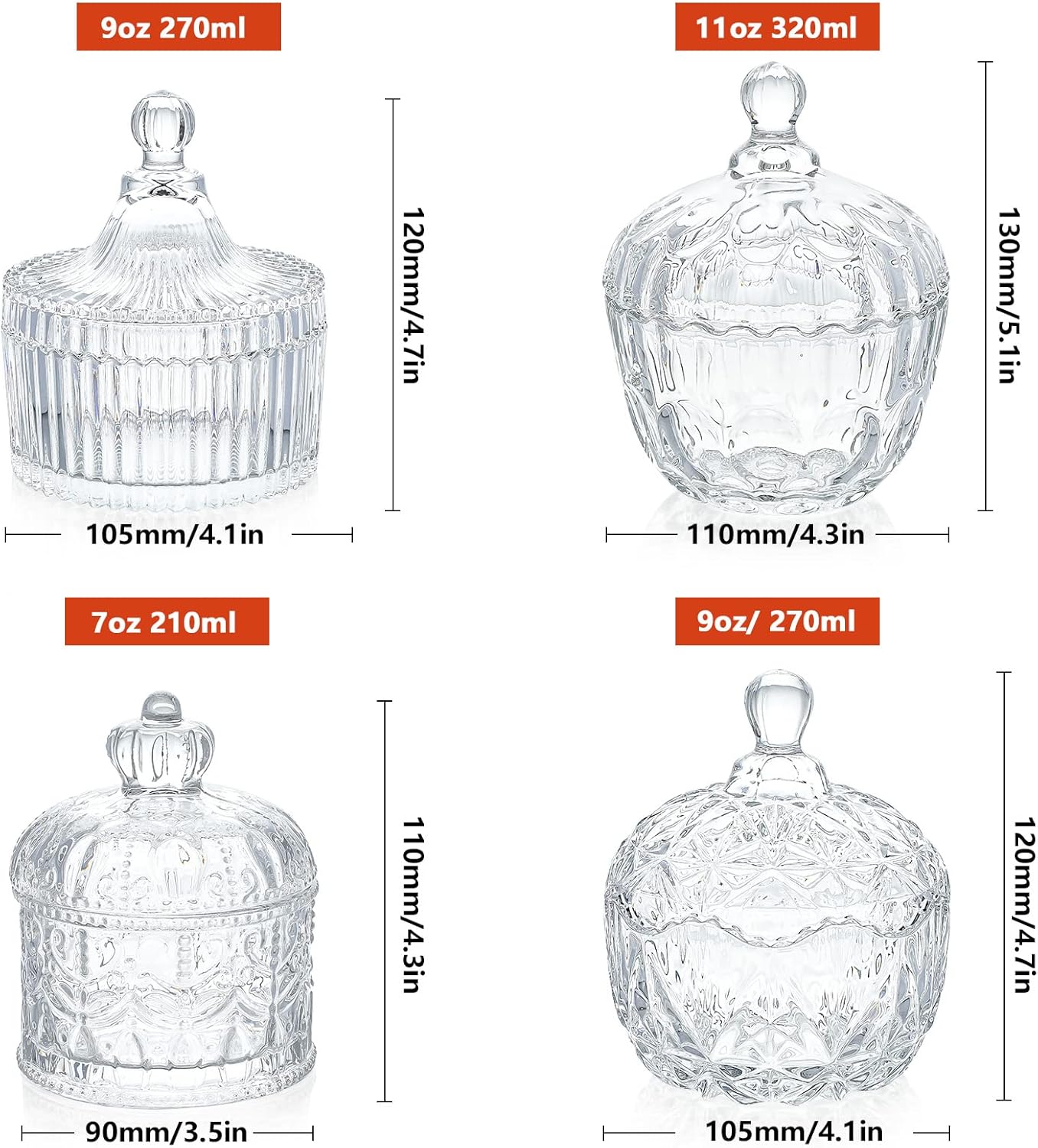 INFTYLE Glass Candy Dish with Lid Set of 4 Crystal Glass Candy Jar Jewelry Box Dappen Dish Cookie Jar for decorative storage gift idea (4pcs Clear)…