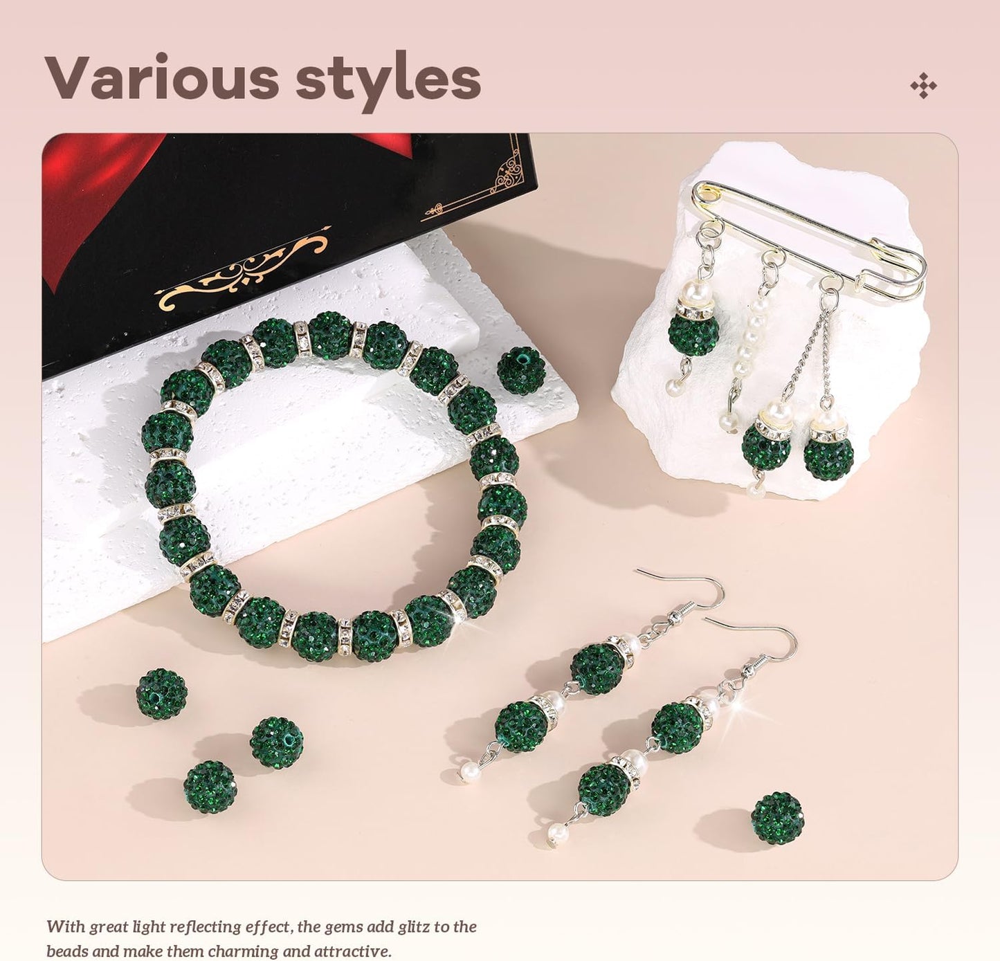 105pcs 10mm Rhinestone Beads for Jewelry Making, Dark Green Shiny Round Disco Ball Beads Bulk, Sparkle Crystal Clay Christmas for Bracelet Baseball Necklace Earring Crafting and DIY