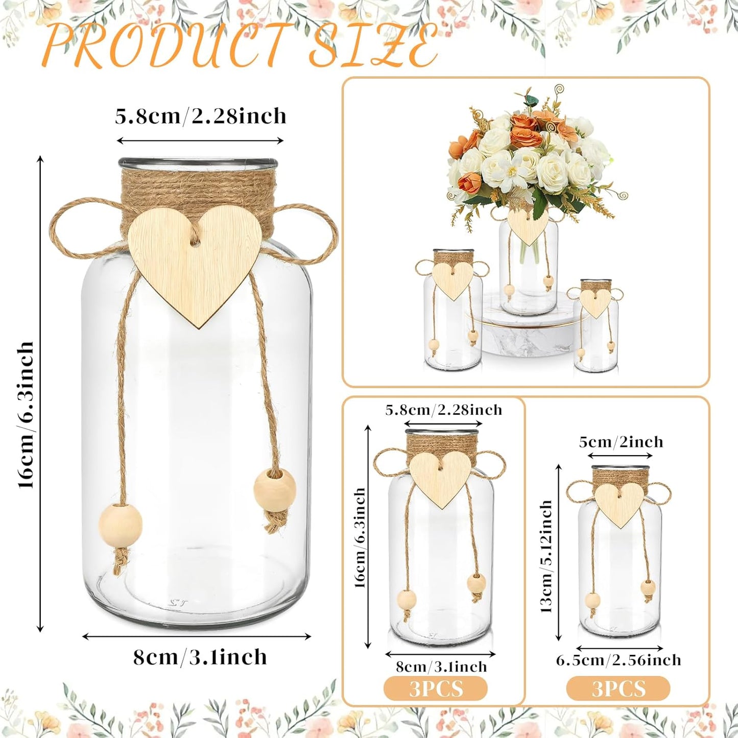 Vintage Glass Vases for Flowers, Set of 3 Mason Jar Vase Table Centerpieces for Farmhouse Room Decor, Wedding, Bridal Shower Bud Vase Set (Medium)