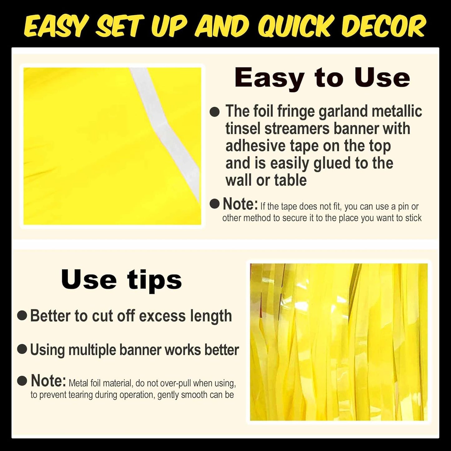 4 Pack 10 Ft Macaron Yellow Foil Fringe Garland Metallic Streamers Tinsel Banner Wall Hanging Garland Backdrop for Parade Floats, Halloween, Christmas, Thanksgiving, New Year Party Decorations