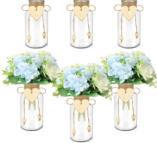Vintage Glass Vases for Flowers, Set of 6 Mason Jar Vase Table Centerpieces for Farmhouse Room Decor, Wedding, Bridal Shower Bud Vase Set (Medium)
