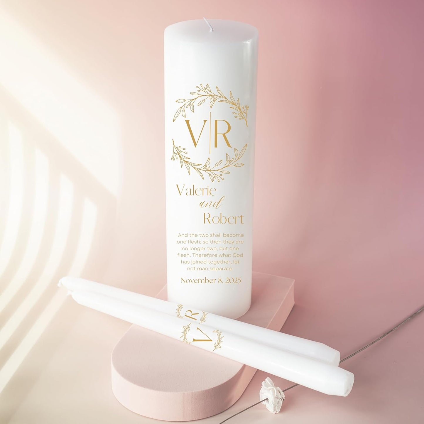 Unity Candles for Wedding, Modern Unity Set, Custom and Personalized Pillar and Taper Candles with Bible Quote, Unscented White Premium Wax, Religious and Wedding Ceremony, Special Events (Goldie)