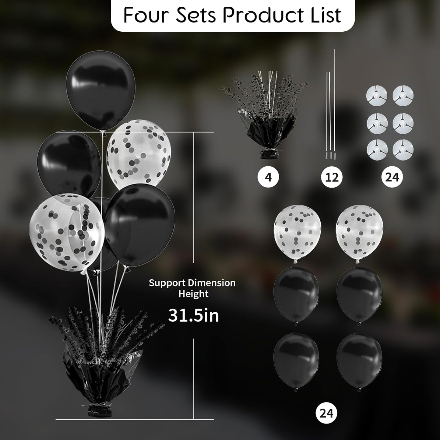 4 Set Black Balloon Table Centerpieces for Birthday Parties, Balloon Stand Kit with Black Balloons for Table Decoration