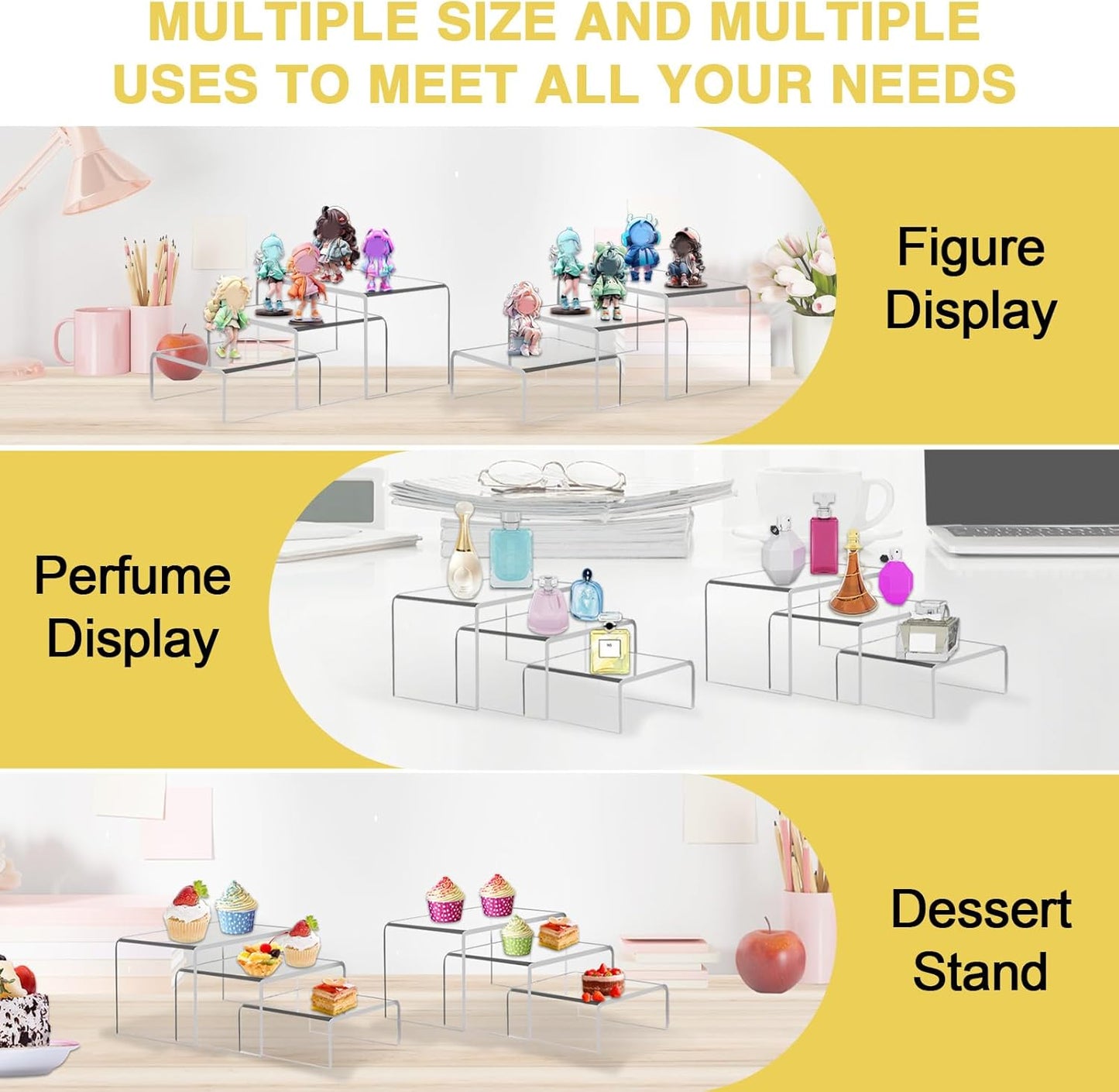 6 Pcs Acrylic Display Risers, 2 Sets Small Size Clear Shelf Riser, 0.15" Thick Acrylic Risers Display Stands, Clear Risers for Dessert, Cupcake, Candy, Figure Jewelry Showcase