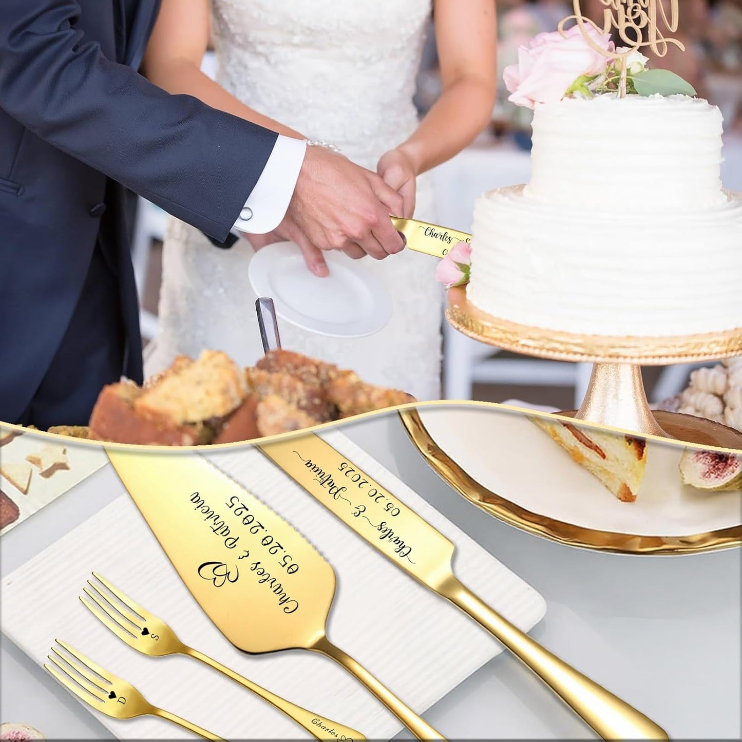 Custom Wedding Cake Knife and Server Set Personalized Cake Cutter with Engraved Text Bridal Cake Cutting Set with Gift Box for Weddings Anniversary Birthday (Gold - with fork)