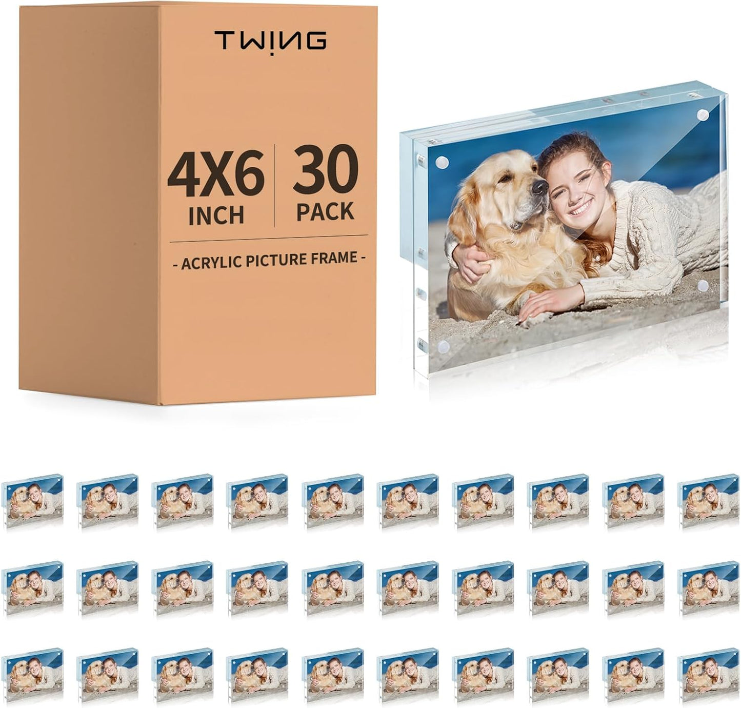 TWING 30 Pack 4 x 6 Acrylic Picture Frames, Magnet Double Sided Picture Frame, 12+12 MM Thick Clear Desktop Display Magnetic Acrylic Block Photo Frame