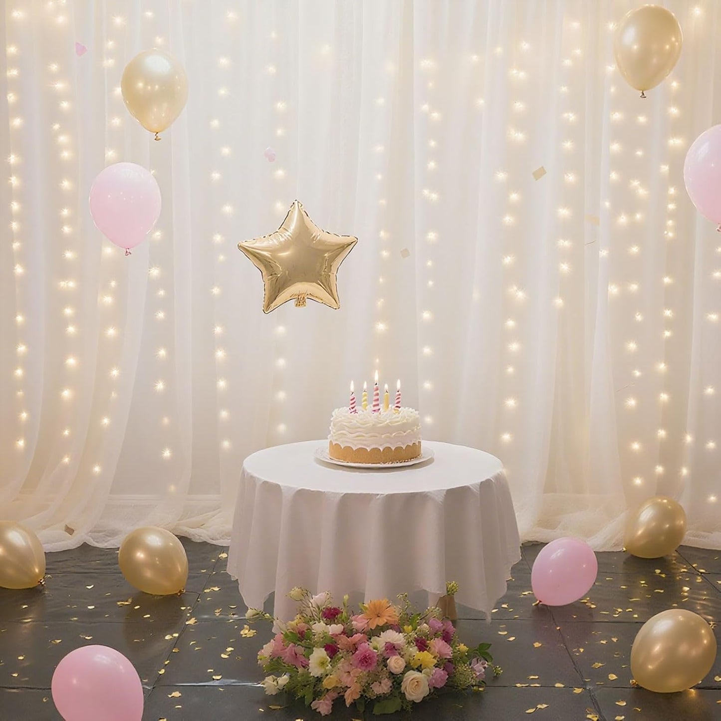 10×10ft Tulle Backdrop Curtains with Lights String - 300LED Fairy Lights Sheer Curtain Backdrop for Weddings Baby Shower and Birthday Party Decorations(2 Panels 5×10ft)