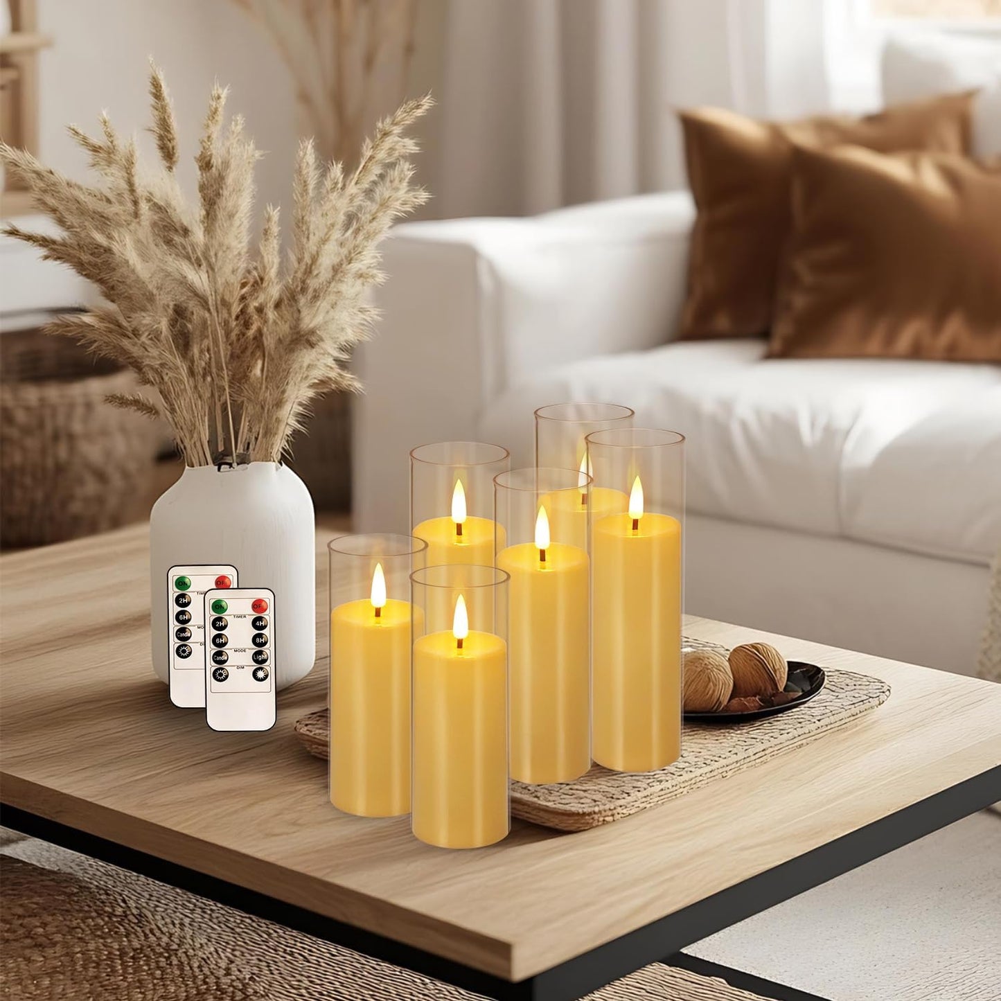 Flickering Flameless Candles Battery Operated with Remote and 2/4/6/8 H Timer Plexiglass Led Pillar Candles with Realistic Moving Wick Candles for Home Decor Pack of 48(D2.2"xH 5"6"7")(Ivory)