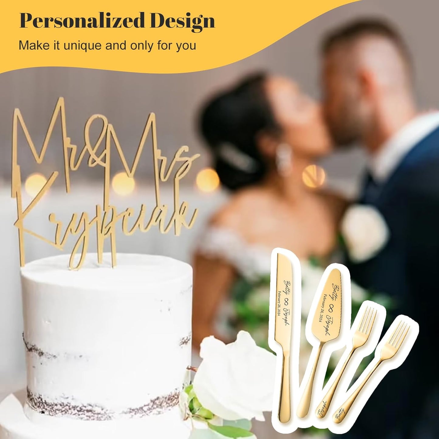 Personalized Wedding Cake Knife and Server Set Stainless Steel Forks Cake Cutter Server Engraved Cake Cutting Set for Wedding Anniversary Engagement Birthday Gifts