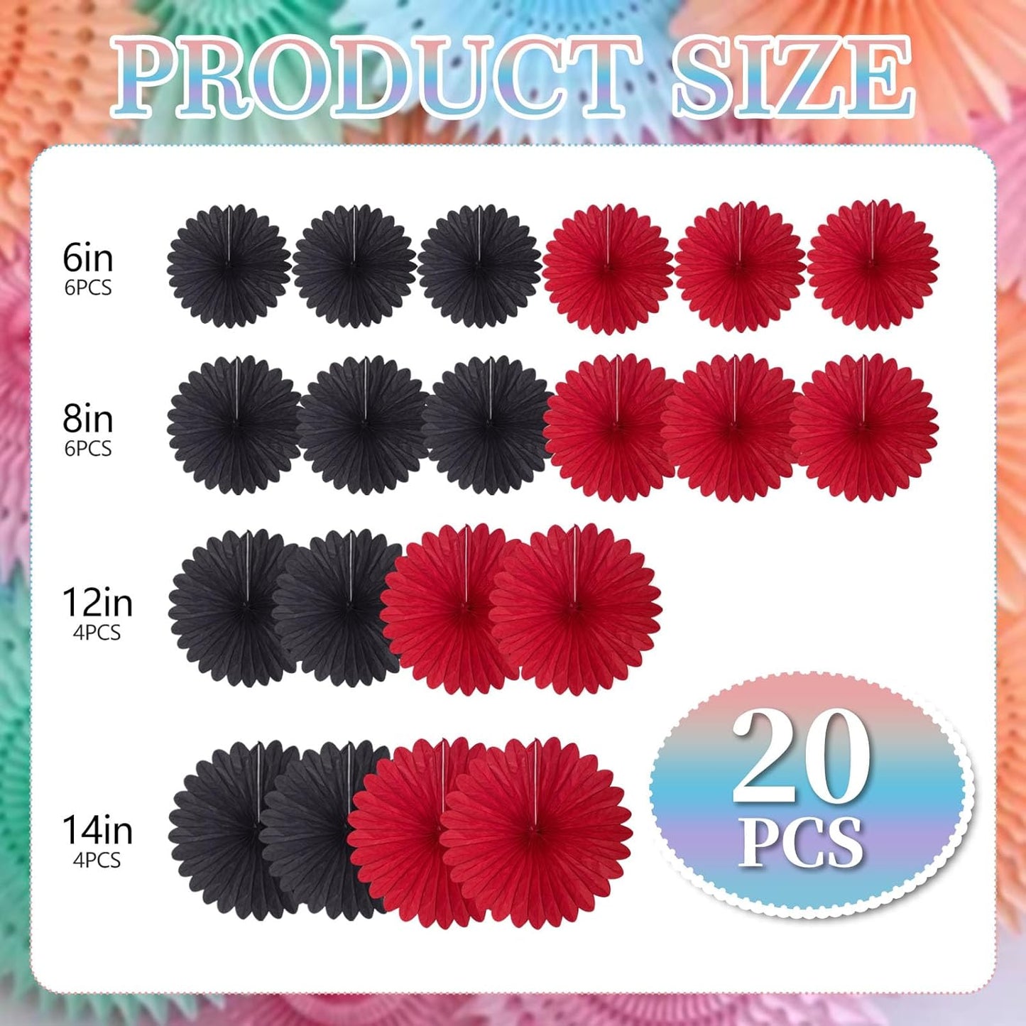 20 Pcs Black Red Hanging Paper Fan, Round Paper Fans Decorations Set for Weddings, Birthdays, Engagement, Bridal Shower, Bachelorette Party Supplies Decor