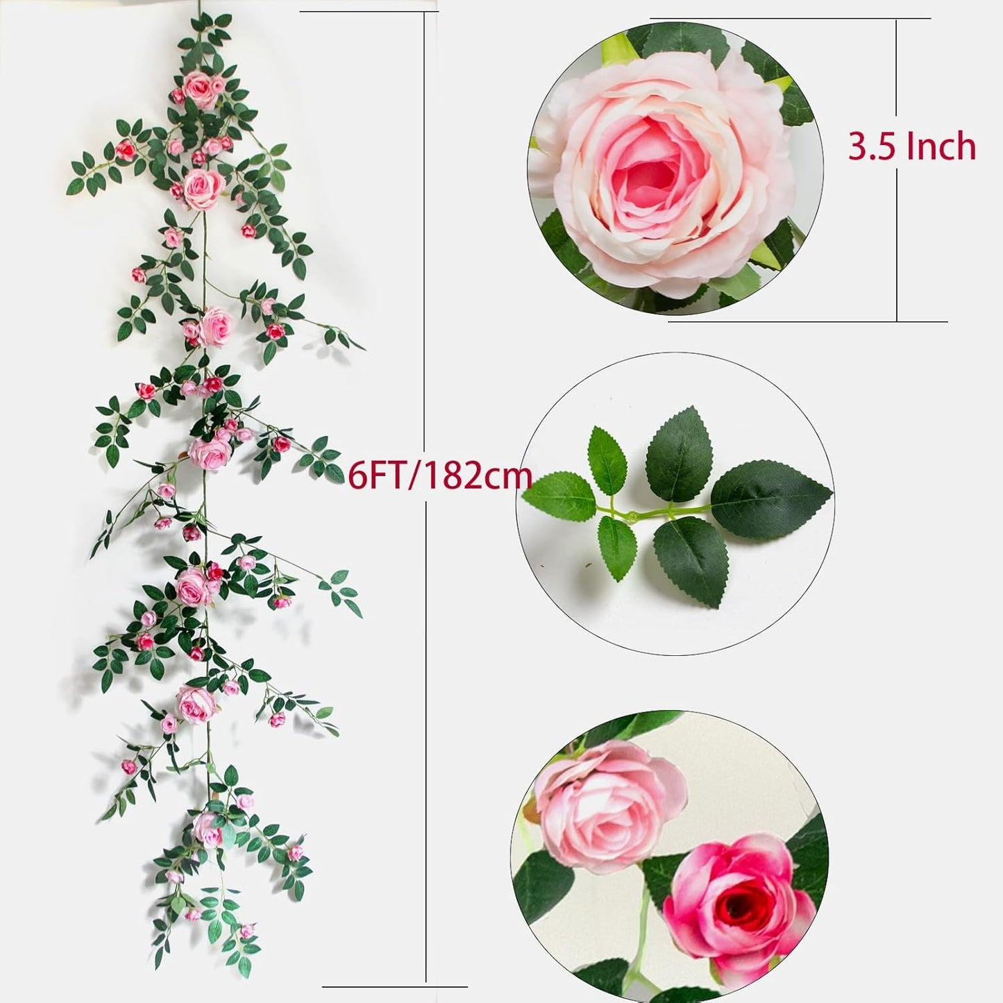 6FT Pink Flower Garland Artificial Rose Vines Hanging Floral Garland for Home Decor Wall Trellis Fence Wall Decoration (Pink, 1pcs)
