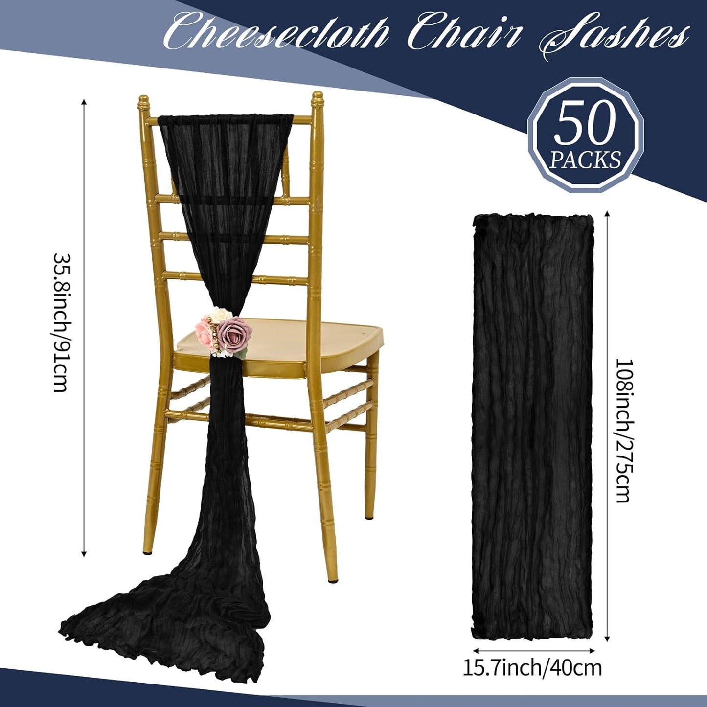 50 PCS Cheesecloth Chair Sashes, Bows Designed ChairSashes, 15.7x108 inch Chair Sashes for Aisle Decorations Universal Chairs Cover Decoration for Wedding Reception Party Banquet (Black)