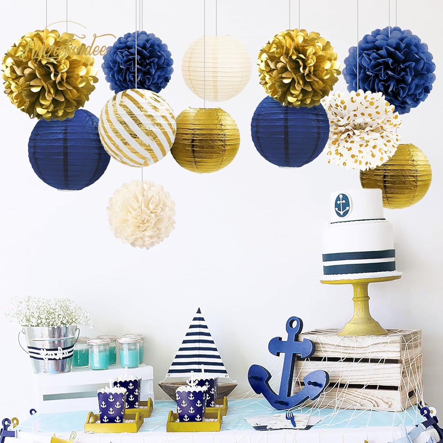 NICROLANDEE Navy Blue and Gold Decorations, 12PCS Hanging Paper Lanterns Tissue Pom Poms Decor for Graduation Party, Winter Wedding, Mens Birthday, Memorial Day Decorations, New Years Party Supplies