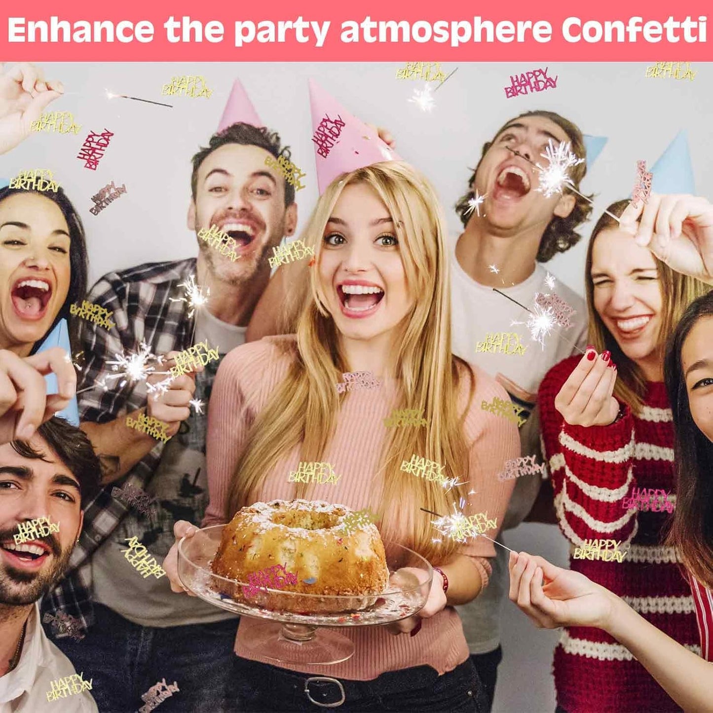 560 PCS Glitter Happy Birthday Confetti, Rose Gold Table Decorations, Iridescent Metallic Foil for DIY Crafts Festive Table Decoration