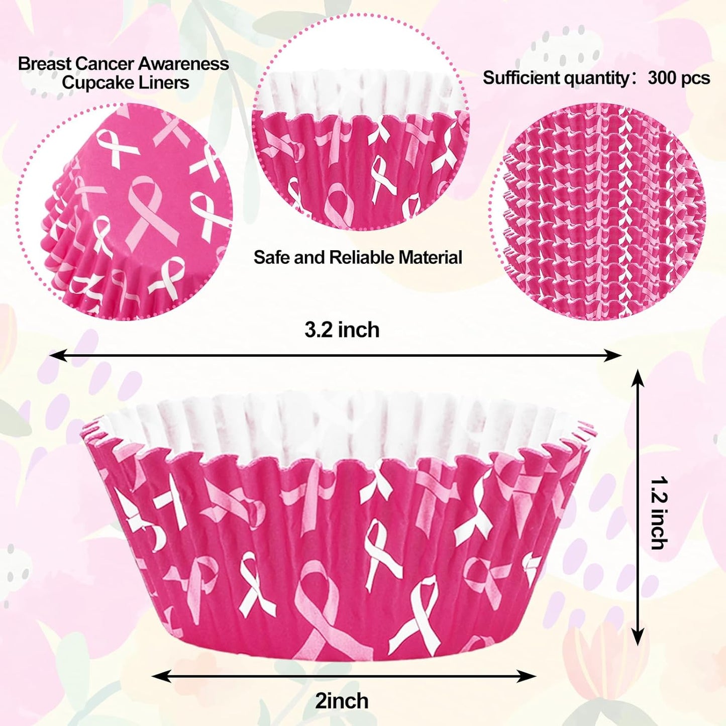 Whaline 300 Pcs Breast Cancer Awareness Cupcake Liners Pink Ribbon Cupcake Wrappers Muffin Liners for Women Breast Cancer Awareness Supplies, 2 x 1.2 Inch