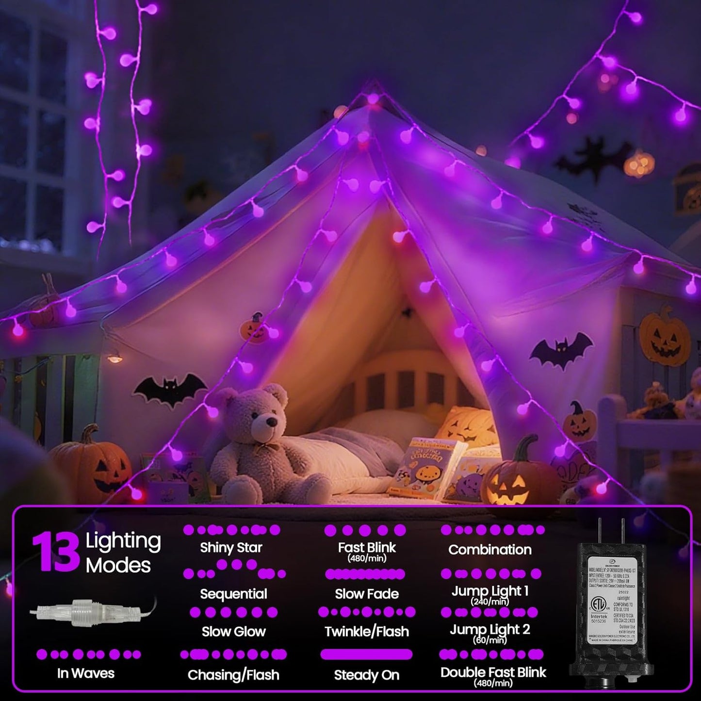 LORRYTE Connectable Purple Halloween Lights Outdoor Indoor - 43FT 100LED Globe String Lights Plug in with Timer, 13 Modes Fairy Light Waterproof for Party Halloween Decorations Bedroom Decor