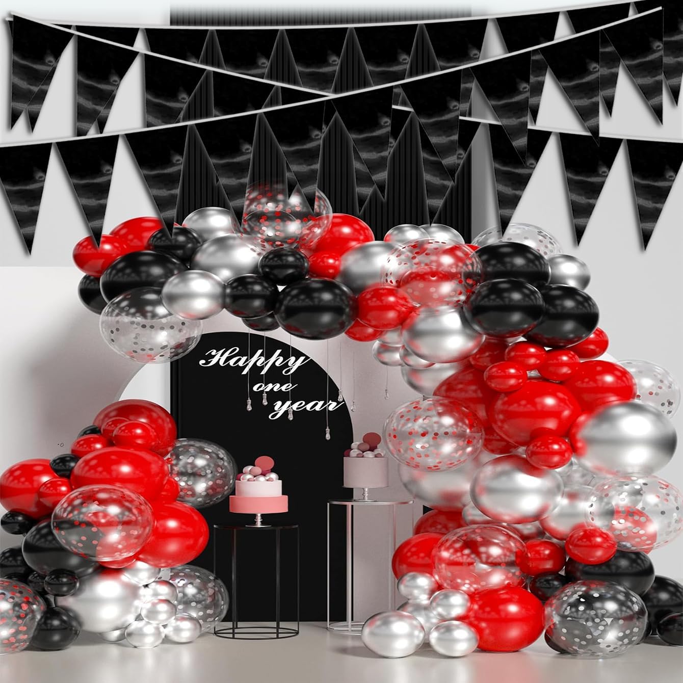 20M/65FT Black Triangle Pennant Banner Flag Metallic Fabric Bunting Garland for Christmas Graduation Birthday Wedding Engagement Bachelorette Holiday Halloween Celebration Hen Party Supplies