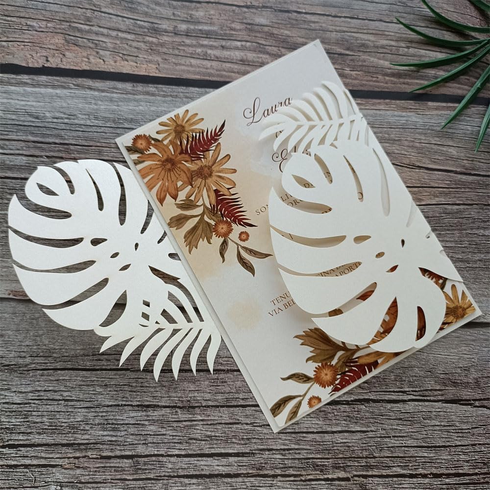 MillaSaw 20pcs Palm Wedding Invitations Cards with Envelopes, for Wedding Bridal Shower Quinceañera Engagement Birthday Invites, Pearl Ivory (ivory)