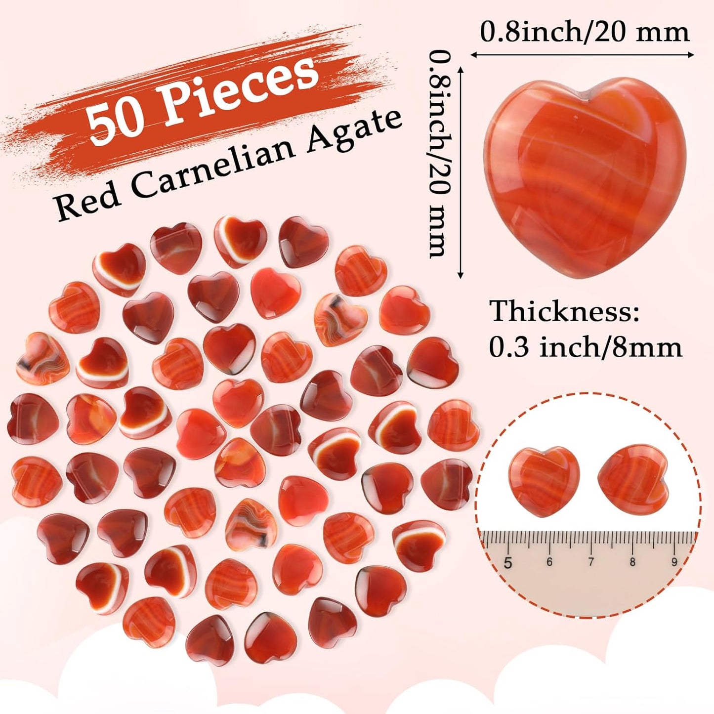 Gerrii 50 Pcs Heart Healing Stone Bulk Quartz Heart Inspirational Stones Gift for Women Love Pocket Polished Natural Energy Balancing Meditation 0.8 Inch(Red Carnelian Agate)