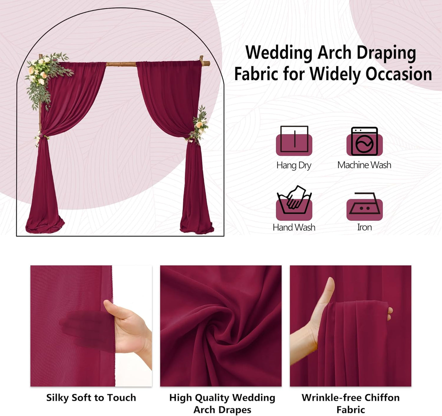 8 Panels Wedding Arch Draping Fabric 28" x20Ft Wedding Arch Drapes Chiffon Fabric Drape Sheer Backdrop Curtain for Weddings Party Swag Ceremony Birthday Arbor Drapery Reception Ceiling Décor(Burgundy)