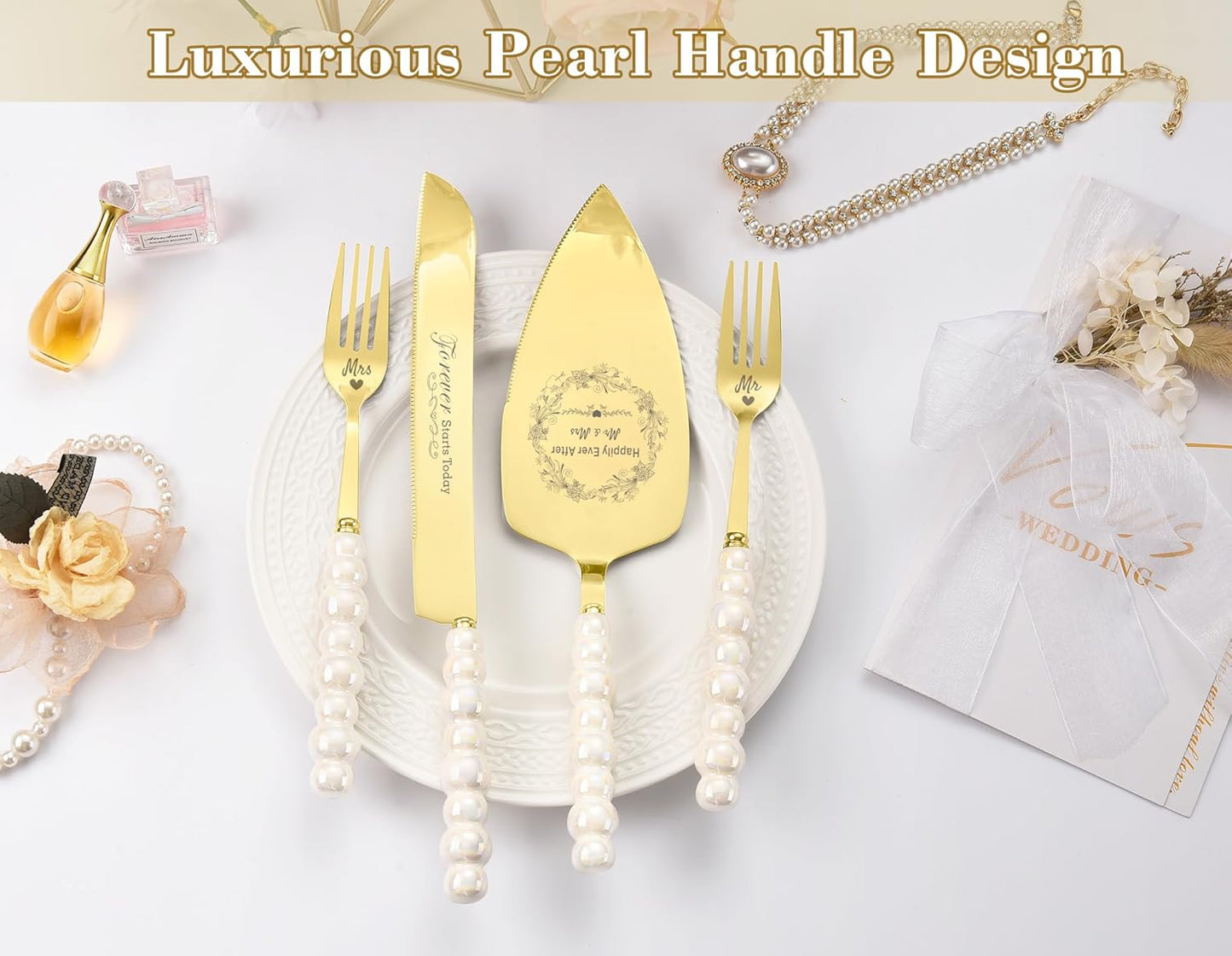 Wedding Cake Knife and Server Set,Gold Cake Cutting Set for Wedding,Ceramic Pearl Handle Wedding Cake Cutting Set for Engagements,Weddings, Anniversaries,and Engagement Gifts for Couples