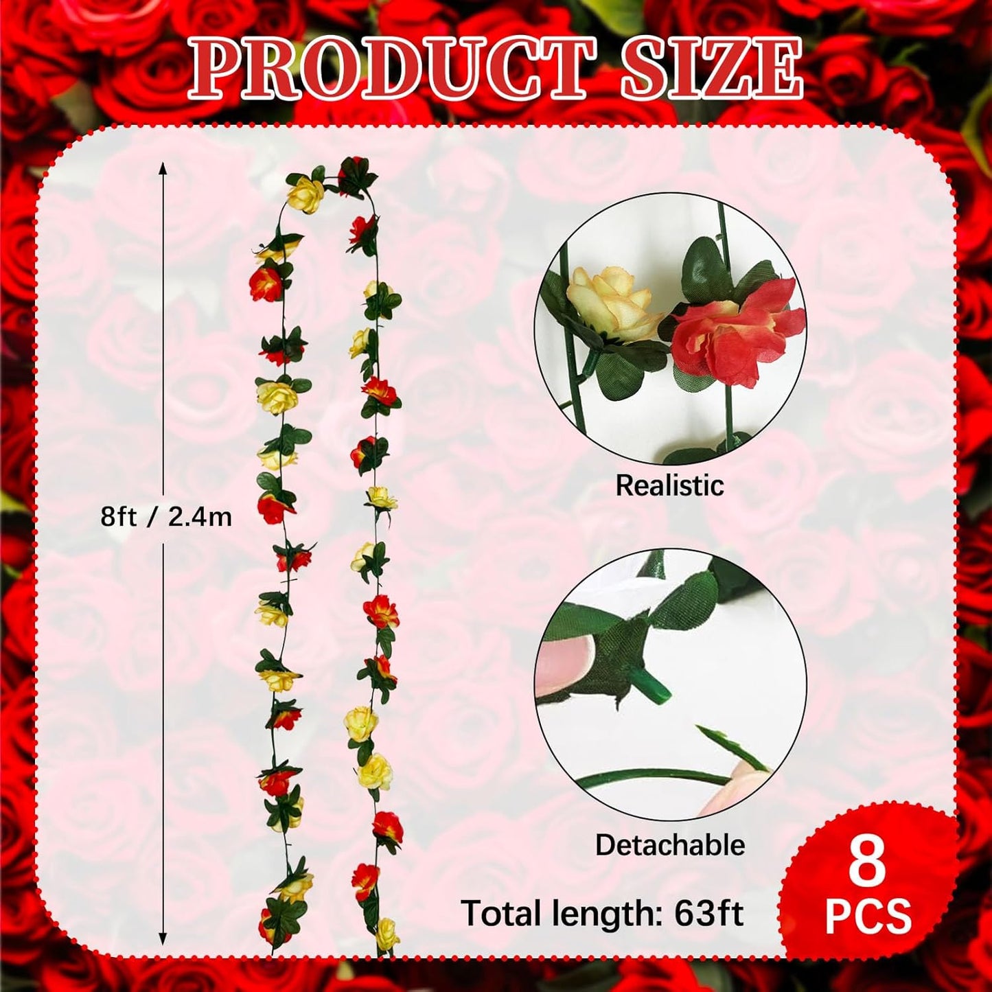 8Pcs 63Ft Pink&Yellow Rose Garland, Fake Rose Hanging Flowers, Artificial Flower Vine, Hanging Floral Vine Garland for Wedding, Birthday Party, Wall Arch, Halloween, Christmas Garden Backdrop Decor