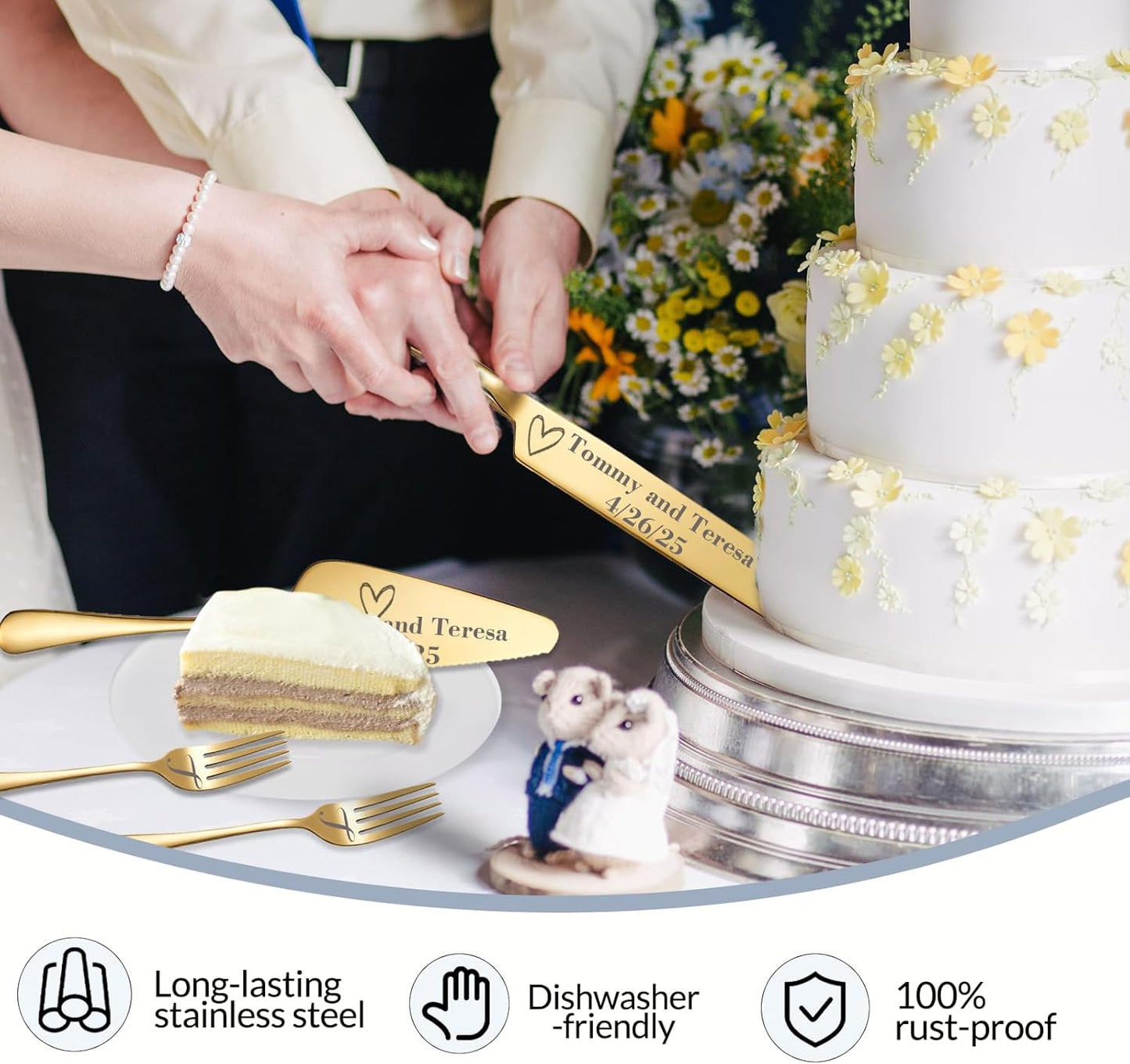 Personalized Wedding Cake Knife and Server Set, Custom Names Cake Cutting Set with Stainless Steel Forks, Customized Bridal Anniversary Birthday Wedding Registry Gifts for Couple (Gold)