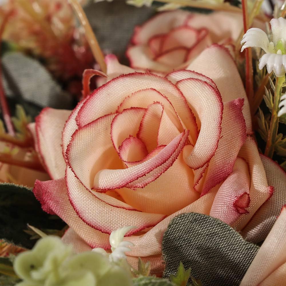 LESING Artificial Rose with Vase,Fake Silk Flowers Bouquets in Vase Table Centerpiece Arrangement for Kitchen Living Room (Pink)