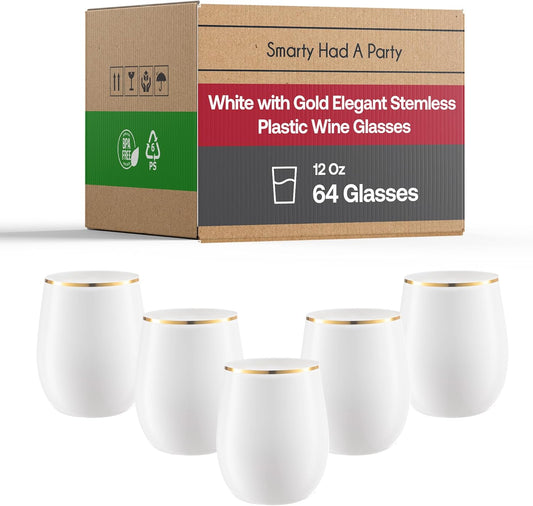 Smarty Had A Party 64 White with Gold Elegant Stemless Plastic Wine Glasses, 12 oz Disposable Drinkware, Plastic Wine Glasses for Parties