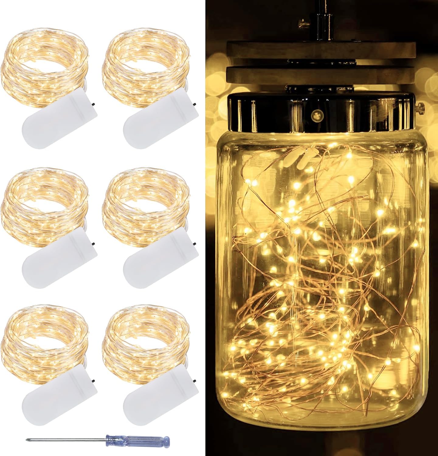 LAMPHOME 6 Pack Fairy Lights Battery Operated String Lights 6.6ft 20 Led Mason Jar Lights Waterproof Silver Wire Light Fireflies DIY Party Wedding Christmas Decoration(6 Pack,Warm White)