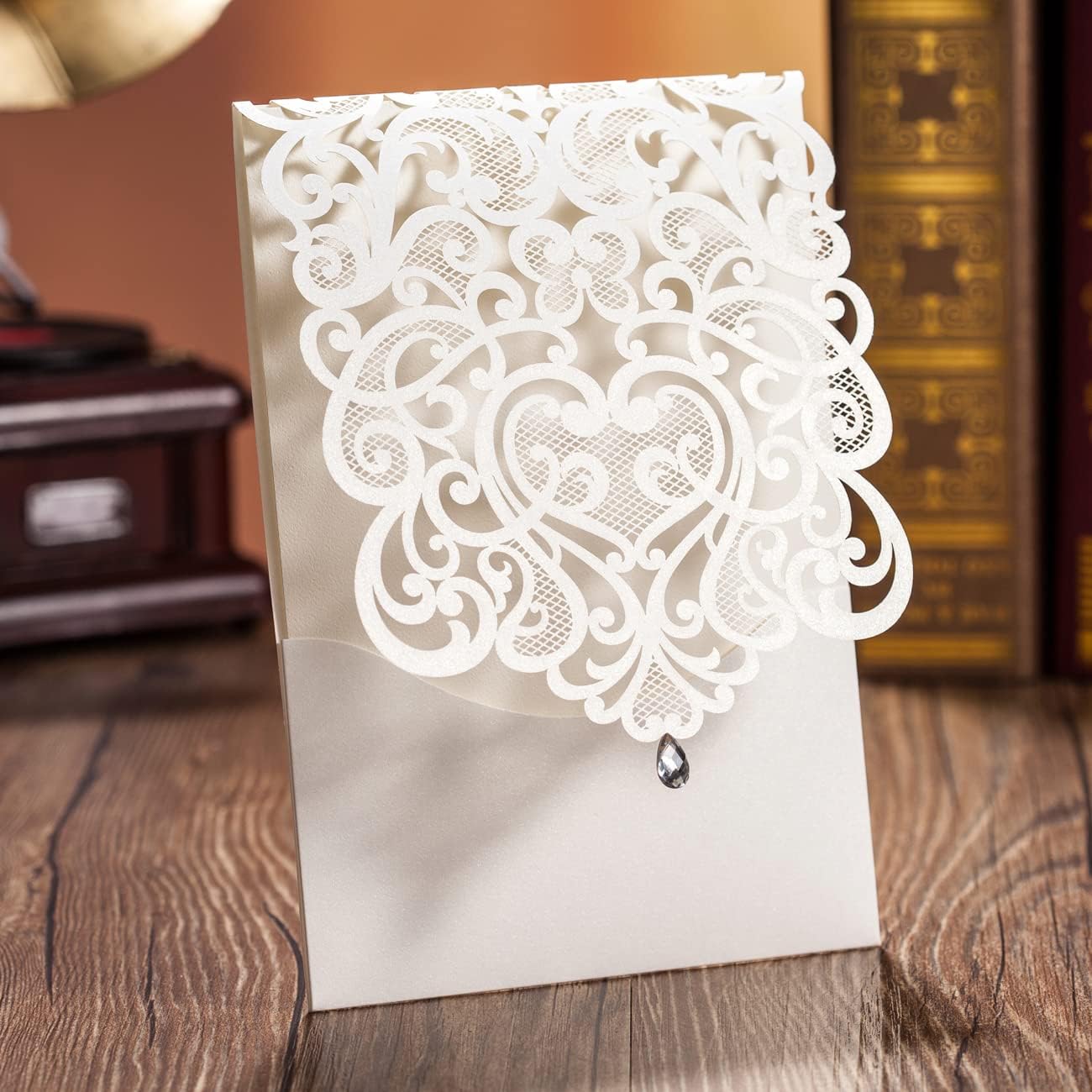 Hosmsua 50PCS White Wedding Invitations Kit 5 x 7.3 Inch Laser Cut Hollow Rose Rhinestone Pocket with Envelope for Quinceanera Bridal Shower Invite (White Ivory)