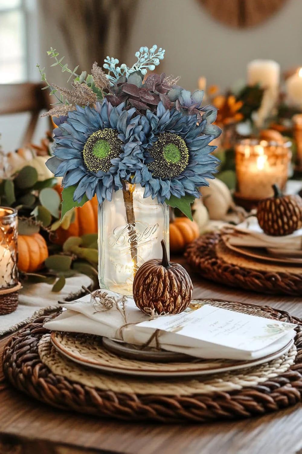 Silk Sunflowers Artificial Flowers with Mason Jar Centerpiece for Table Blue Fall Flowers in Vase Small Fall Floral Arrangement with Vase Thanksgiving Centerpiece for Dining Room Table Autumn Decor