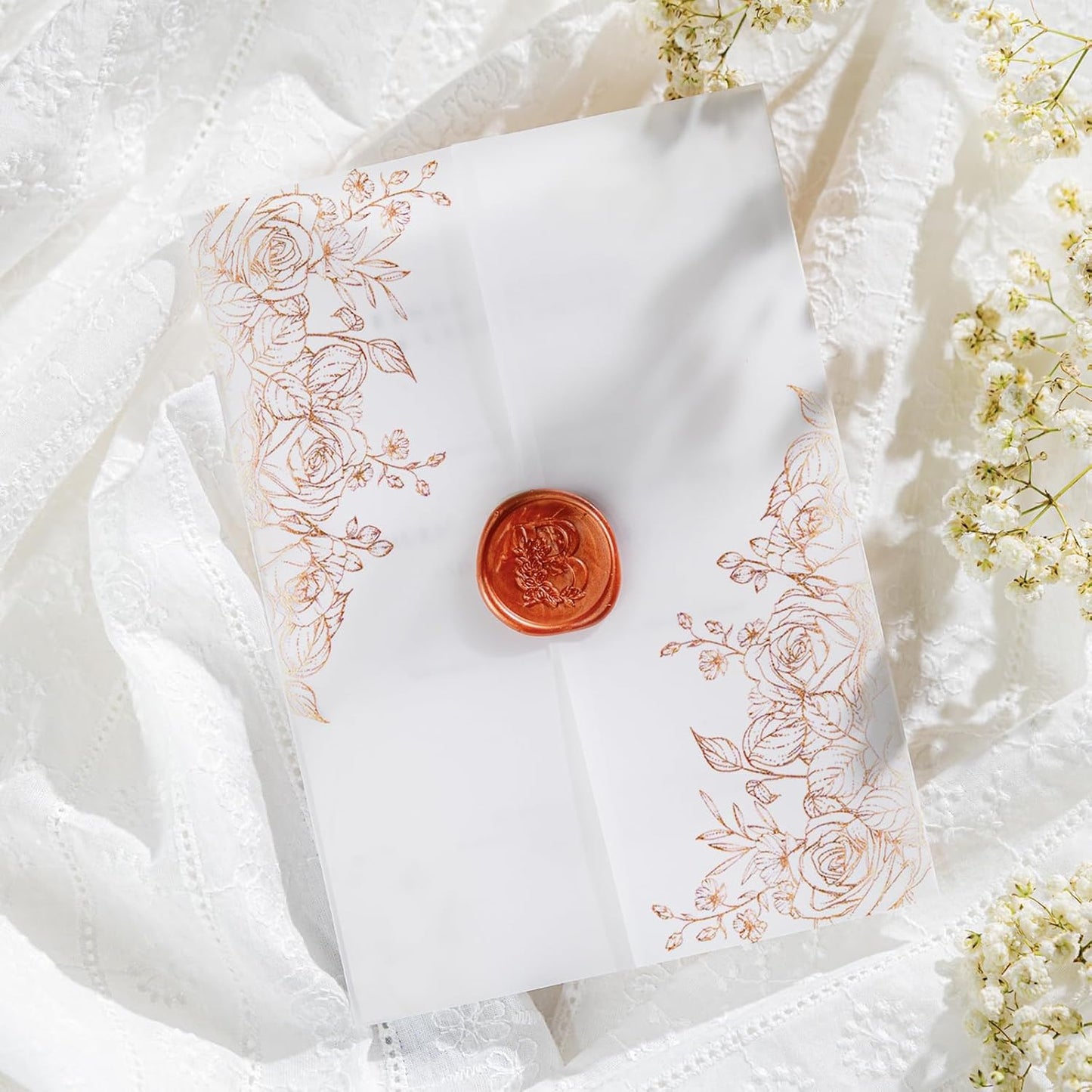 50 Pack Pre-Folded Vellum Jackets For 5x7 Invitations,AZAZA Gorgeous Translucent Invitation Sleeves,115GSM Vellum Jackets 5x7, Wedding Invitation Accessories, For Weddings Birthdays,Rose Golden Roses