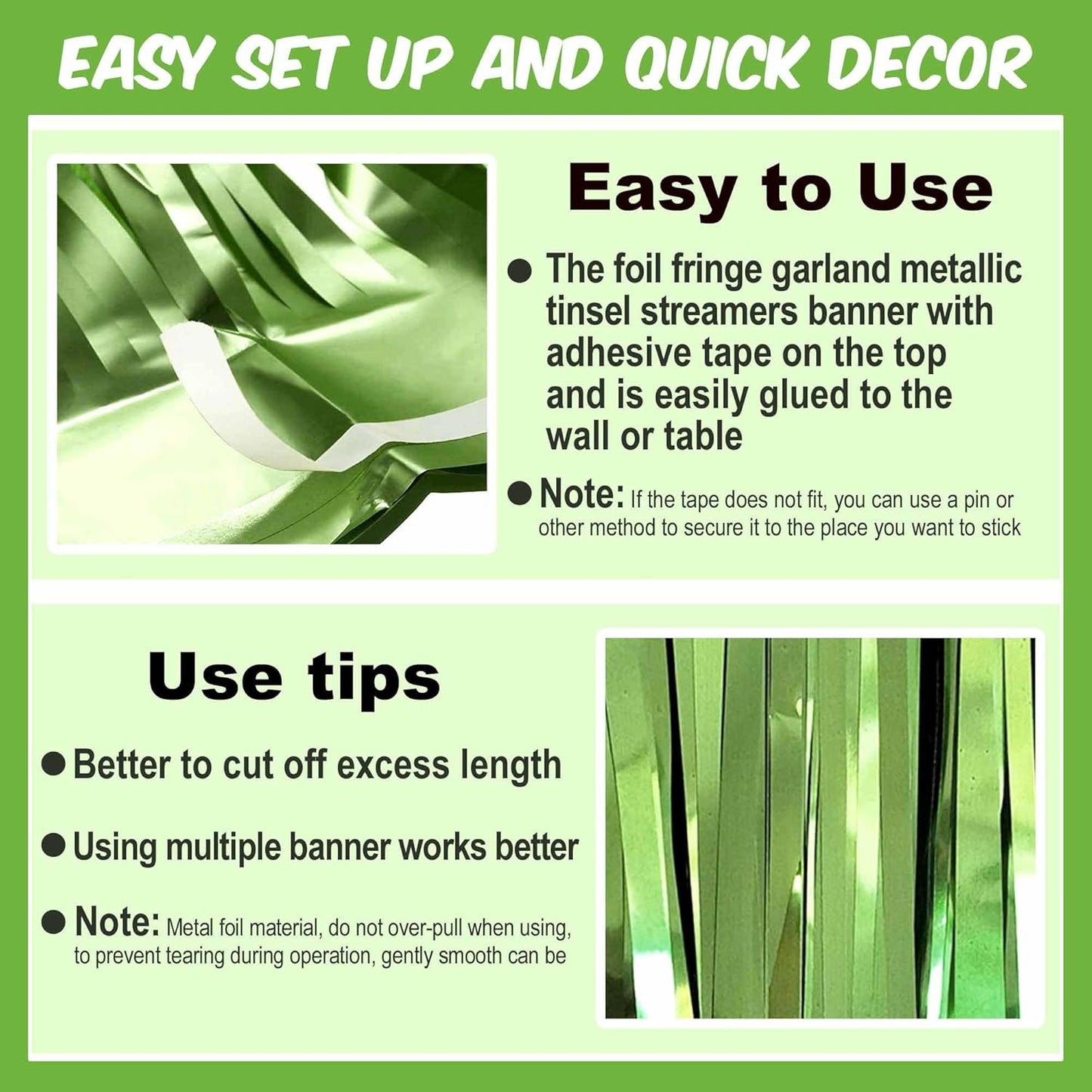 4 Pack 10 Ft Light Green Foil Fringe Garland Metallic Streamers Tinsel Banner Wall Hanging Garland Backdrop for Parade Floats, Halloween, Christmas, Thanksgiving, New Year Party Decorations