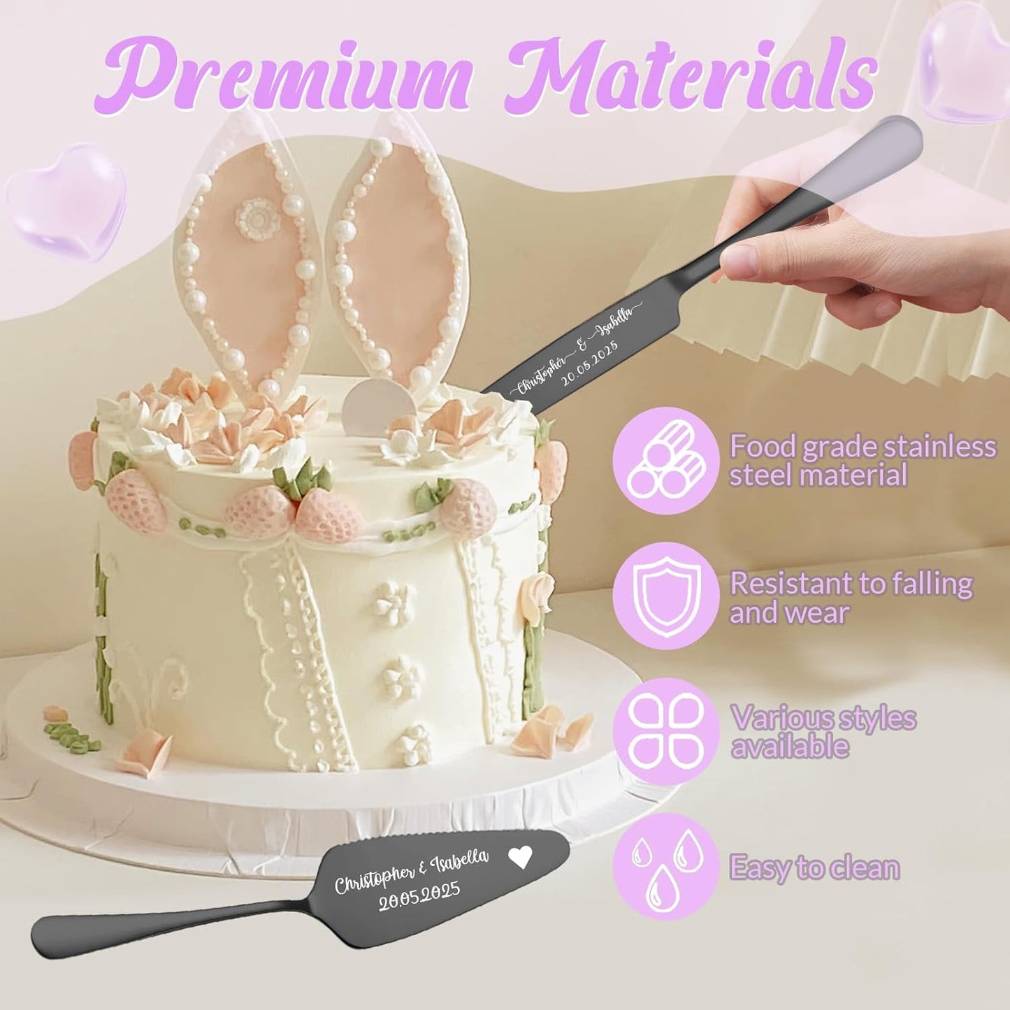 Custom Wedding Cake Knife and Server Set,Personalised Cake Serving Kit,Engraved Cake Cutting Set for Wedding,Personalized Gift for Anniversary, Valentine's Day Birthday or Christmas