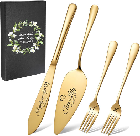 Personalized 4 Piece Wedding Cake Cutting Set, Custom Names Cake Knife and Server set with Forks, Anniversary Birthday Bridal Wedding Registry Gifts (Gold)