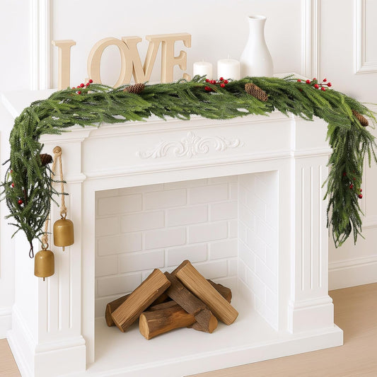 6FT Norfolk Pine Garland Christmas Artificial Greenery with Red Berries Cones, Pine Tree Decor for Mantel Fireplace Stair Rail Doorway Table, Indoor Outdoor Winter Christmas Decorations