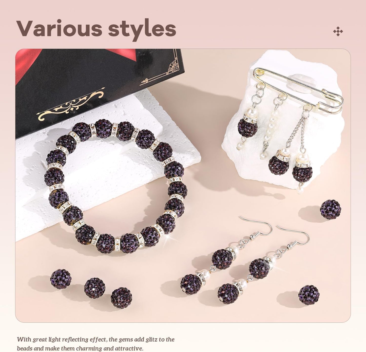 105pcs 10mm Rhinestone Beads for Jewelry Making, Dark Purple Shiny Round Disco Ball Beads Bulk, Sparkle Crystal Clay Christmas for Bracelet Baseball Necklace Earring Crafting and DIY