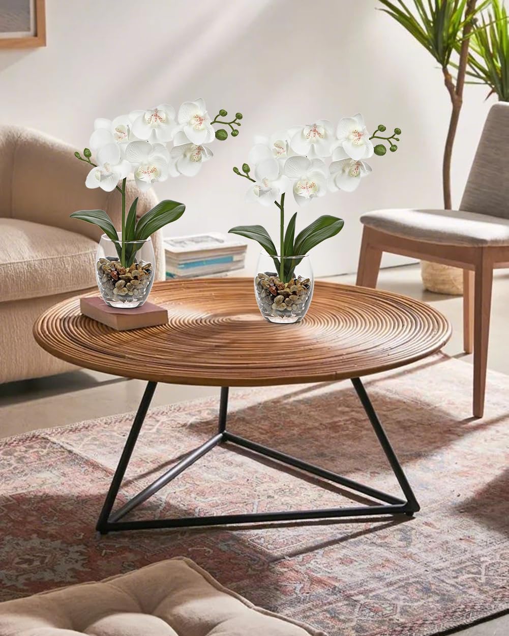 White Orchids Artificial Flowers with Vase, Small Faux Orchid Arrangement Set of 2 Fake Flowers in Glass Vases Small White Centerpieces for Kitchen Dining Room Tables Bathroom Nightstand Shelf Decor