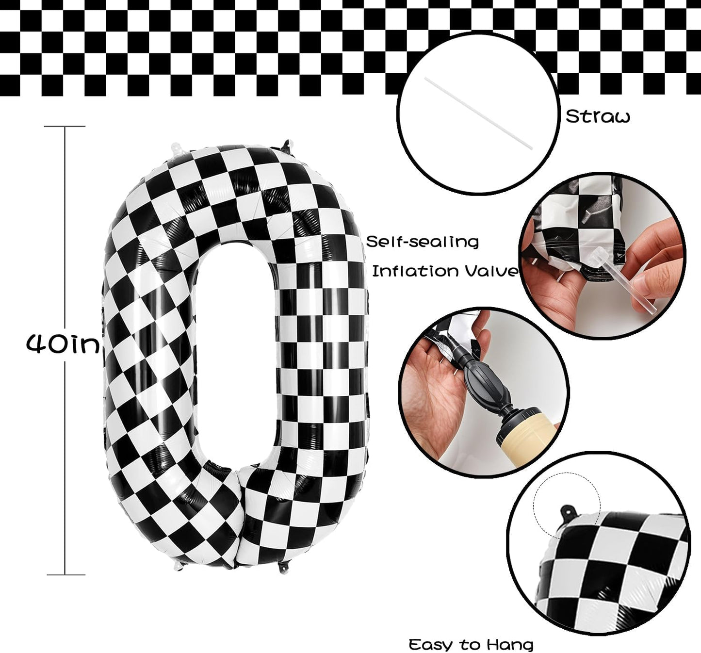 40 Inch Checkered Number Balloon - Race Flag Pattern Big Helium Balloon for Birthday Party Decorations - Black & White Balloon for Kids Adults Party Supplies (Racing Car, Number 0)