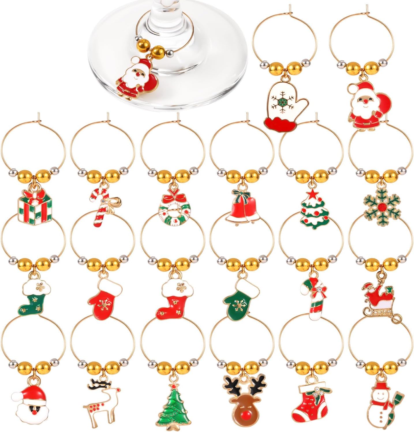 20pcs Christmas Wine Glass Charms, Cute Wine Glass Markers Tags Charms with Flannel Bag Christmas Theme Drink Identifier for Stem Glasses for Wine Tasting Party Favors Decorations