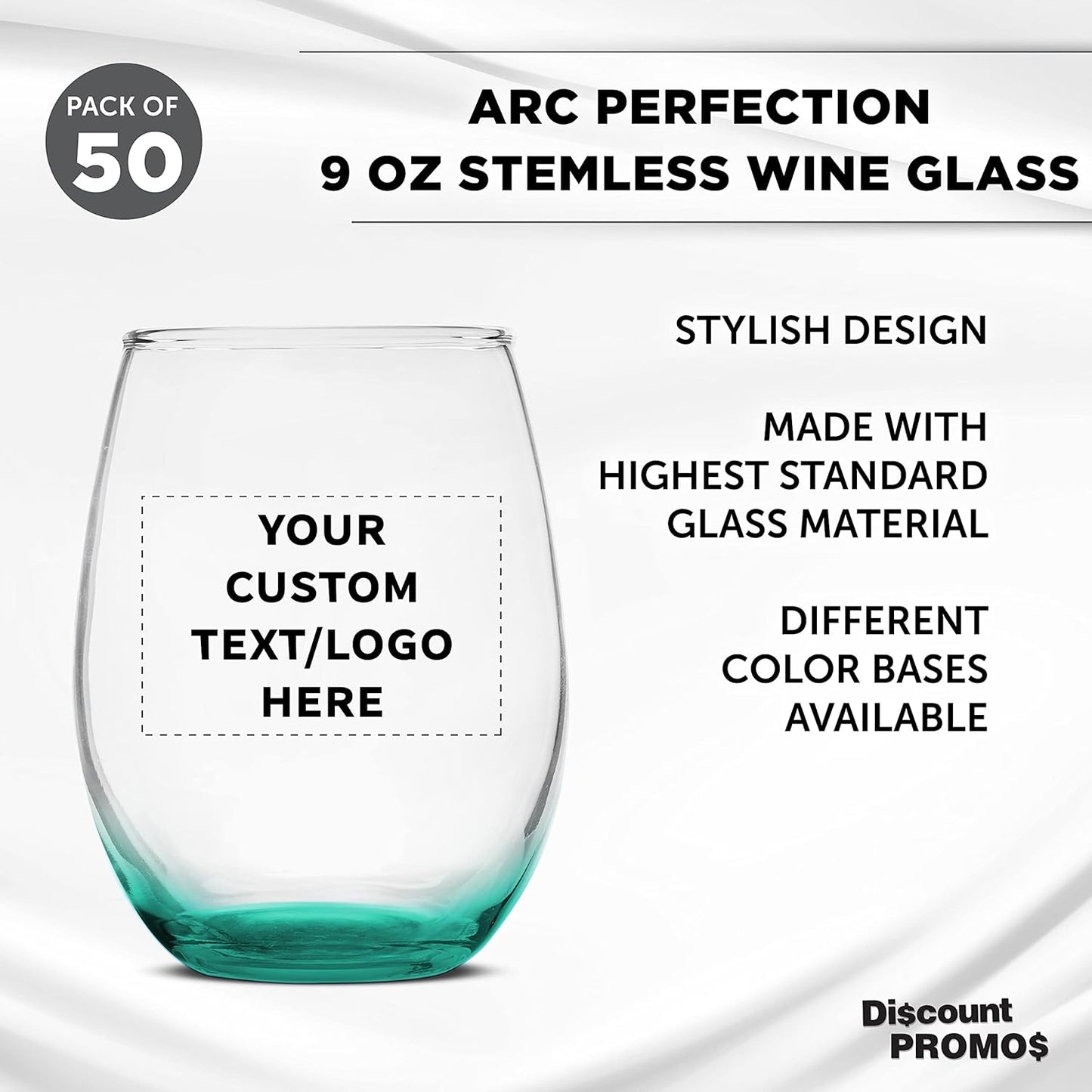 Custom Stemless Wine Glass 9 oz. Set of 50, Personalized Bulk Pack - Great for Wedding Favors, Bachelorette Party Decorations, Party Favors, Color Bottom - Green