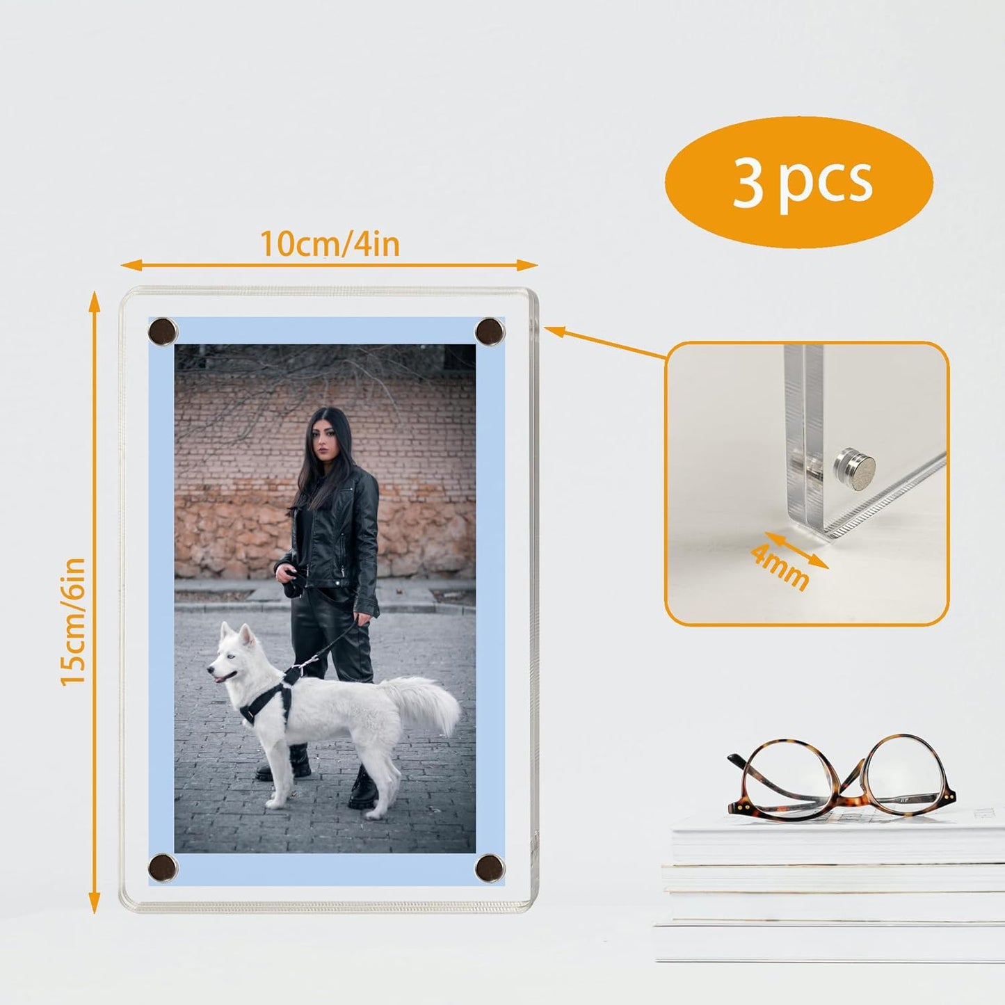 3 Pack acrylic fridge magnetic frame 6X4 Inch refrigerator photo magnet frames clear picture frames magnetic photos Display frame Double-Sided acrylic magnet frames(3pcs clear, 4x6 inch)
