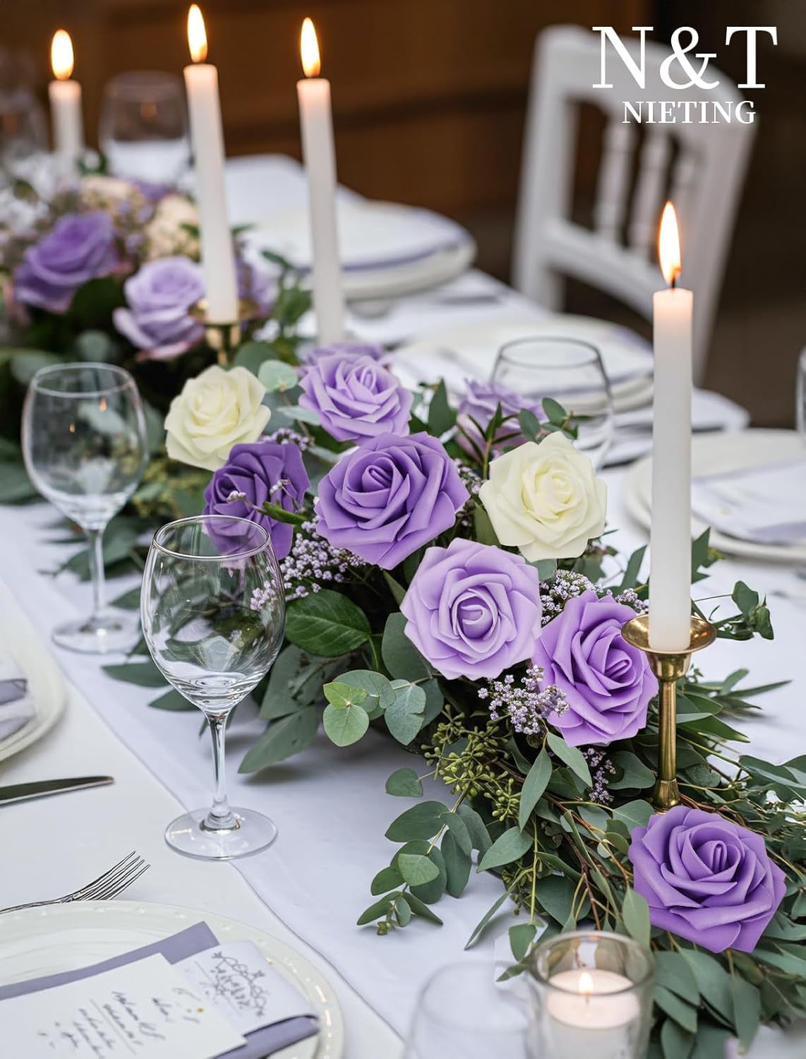 N&T NIETING Artificial Flowers, 25pcs Fake Flowers Rose with Stems Perfect for DIY Wedding Bridesmaid Bridal Bouquets Centerpieces Home Flower Arrangement Decoration, Series Purple