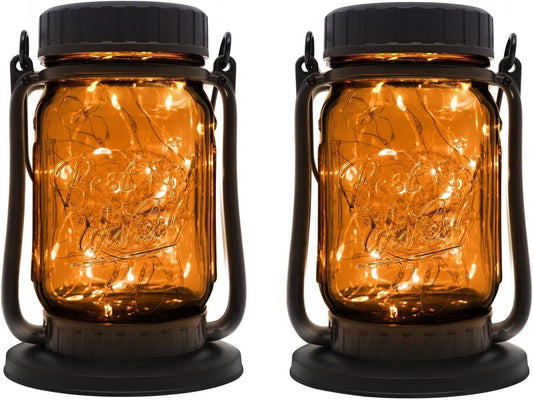 Mason Jar Lights - Solar Lantern Outdoor Waterproof, Hanging Solar Lights for Outside, Halloween, Fairy Twinkle Glass Decorative Lamp for Yard, Patio, Garden, Porch, Table, Wedding, Pack 2